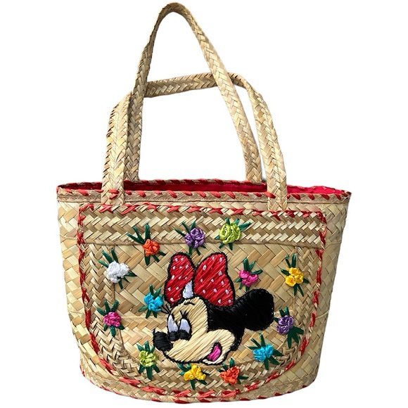 Source Unknown Handbags - Minnie Mouse Floral Embroidered Straw Tote Purse